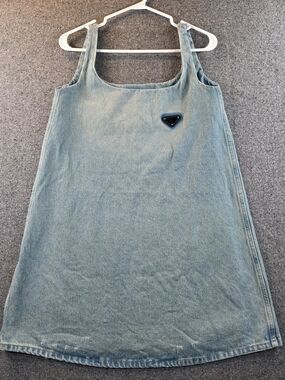 Prada Women’s Denim Mini Dress Size 36 Blue Distressed Triangle Logo Italy